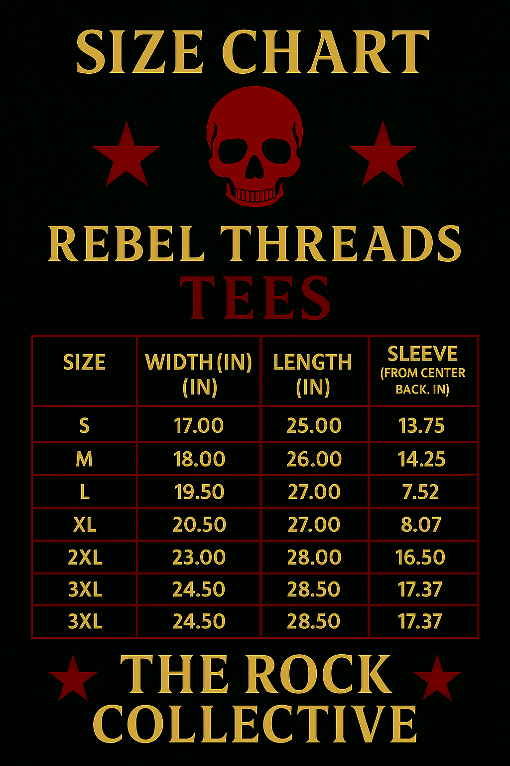 Size chart for Rebel Threads Tees with a skull design on a black background
