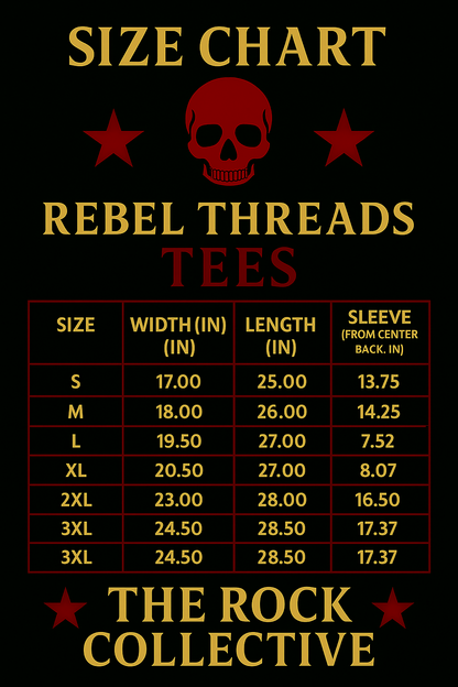 Size chart for Rebel Threads Tees with a skull design on a black background