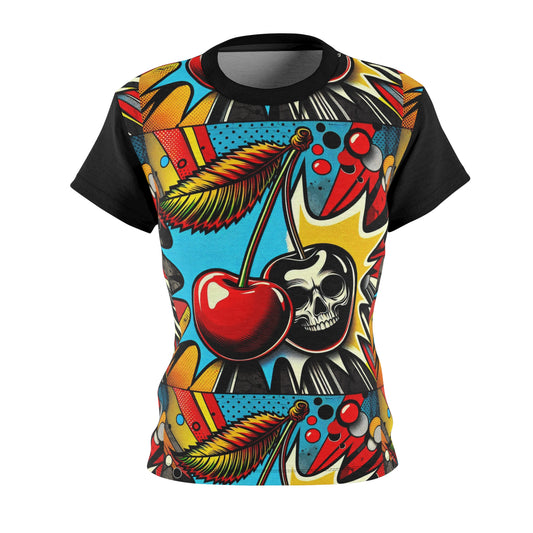 A women's T-shirt with a vibrant retro design featuring a skull, cherries, and other vintage-inspired motifs on a blue background.