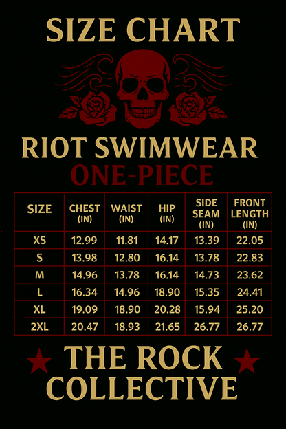 Size chart for Riot Swimwear one-piece swimsuit with skull and roses design on a black background.