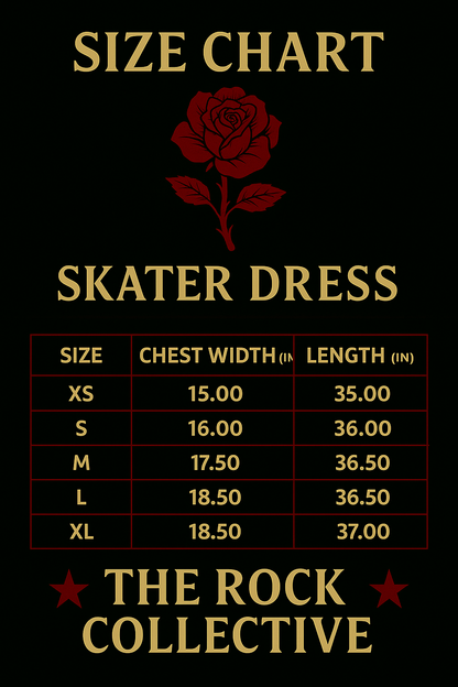 Size chart for skater dresses by The Rock Collective on a black background with a red rose.