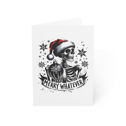 Skeletal design with Santa hat and 'Merry Whatever' text on a white background