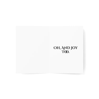 White card with black text 'OH, AND JOY TØ.'