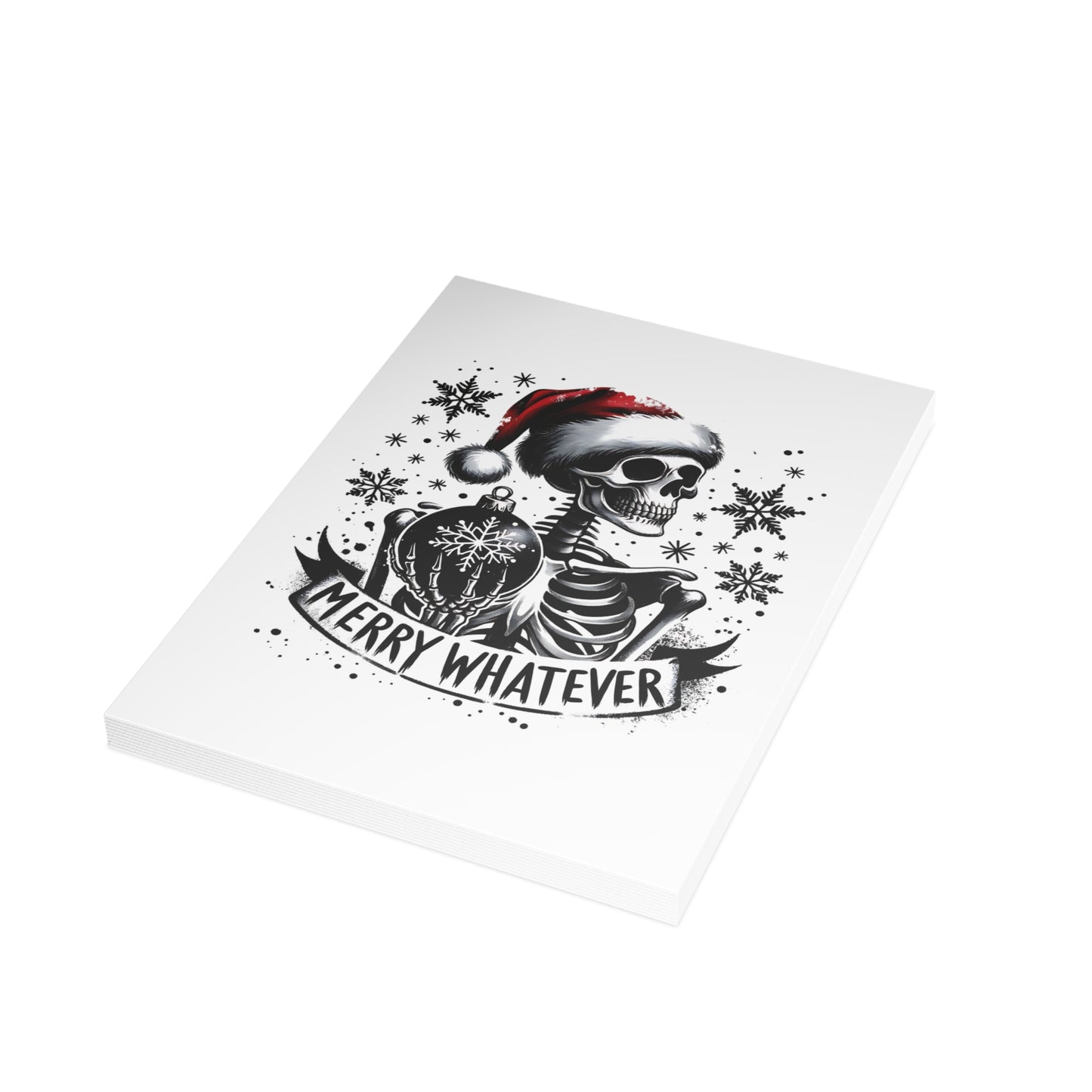 Notepad with a skeleton wearing a Santa hat and 'Merry Whatever' text on a white background