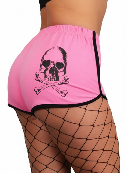 Pink skull print shorts with black trim and gothic lounge style
