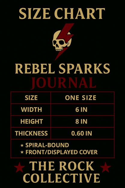 Size chart for Rebel Sparks Journal with rebel logo on black background