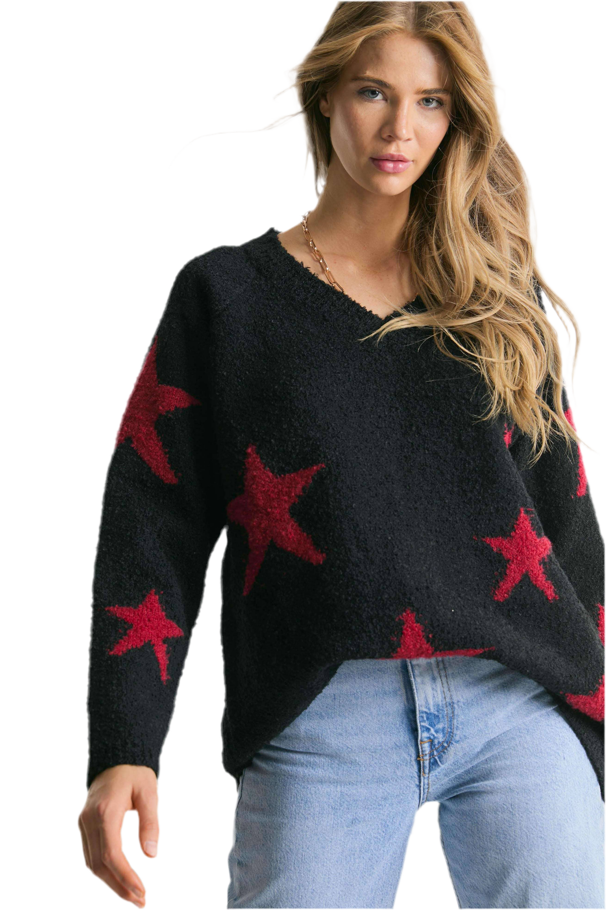 Oversized gothic sweater with star print design
V-neck grunge knit sweater with star motif
Alternative fashion oversized knit sweater in gothic style