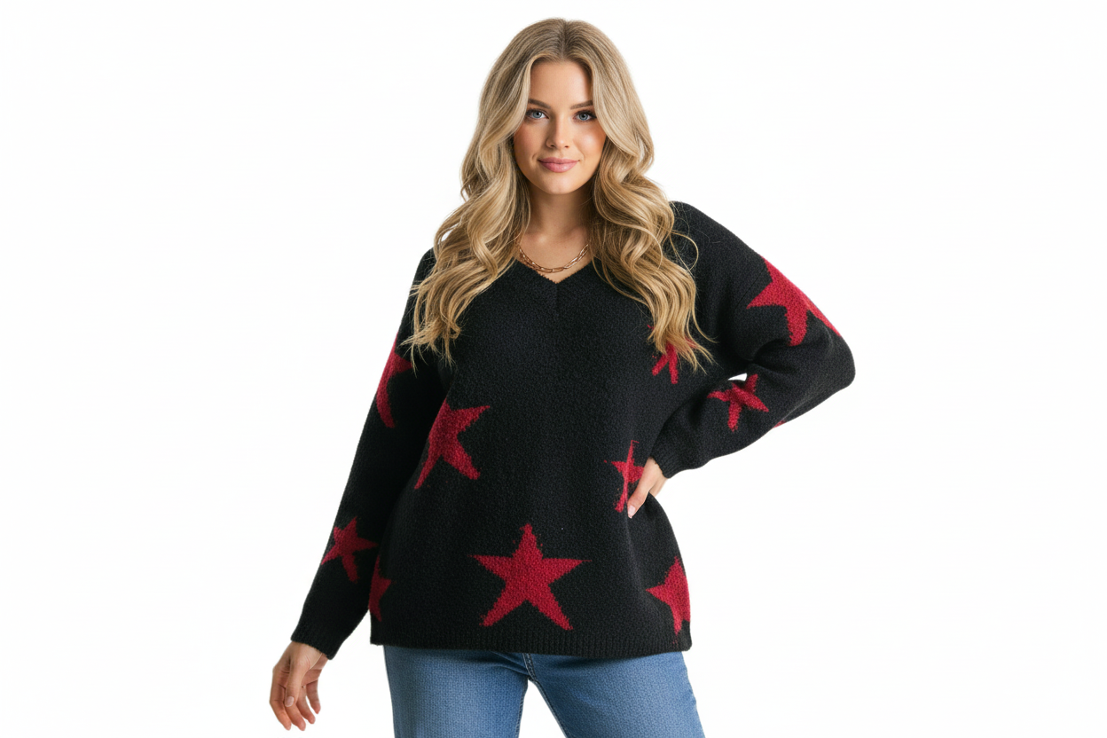 Woman wearing a black sweater with red star patterns on a white background