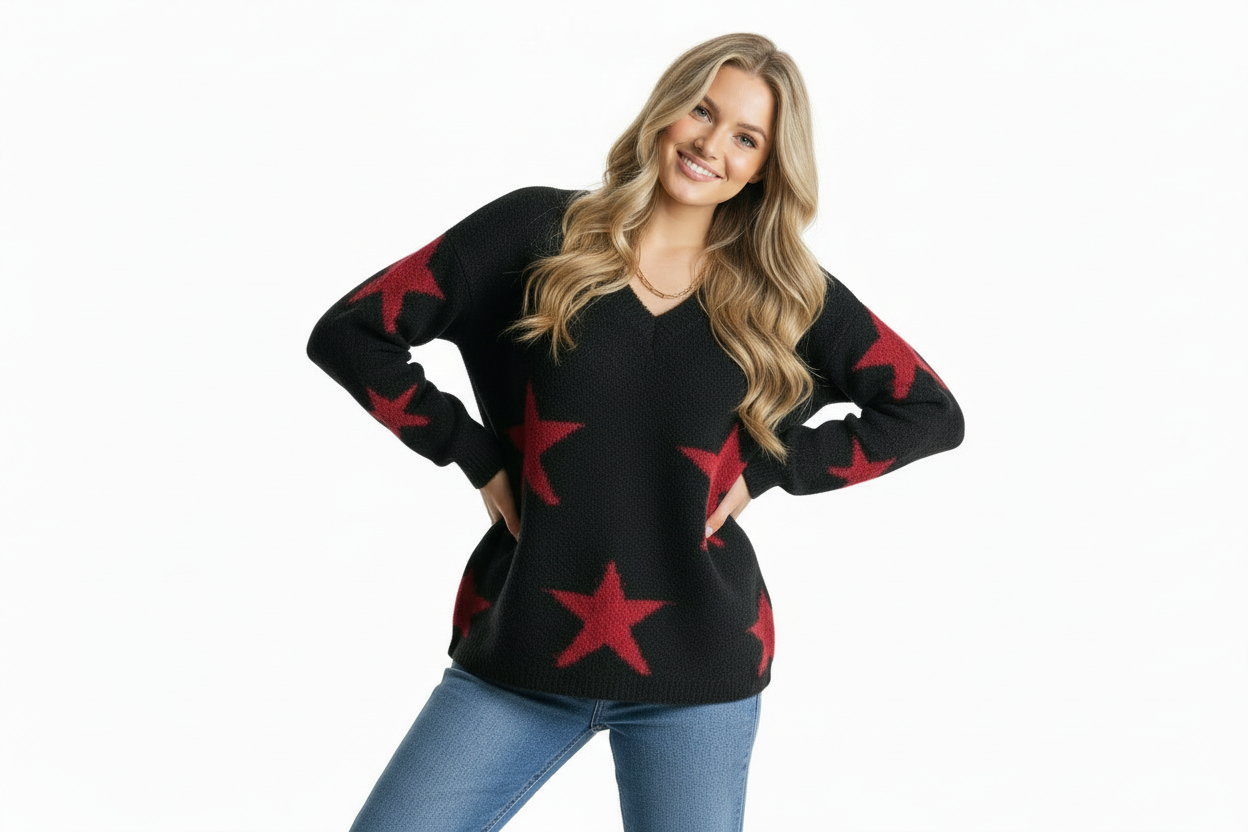 Woman wearing a black sweater with red star patterns on a white background