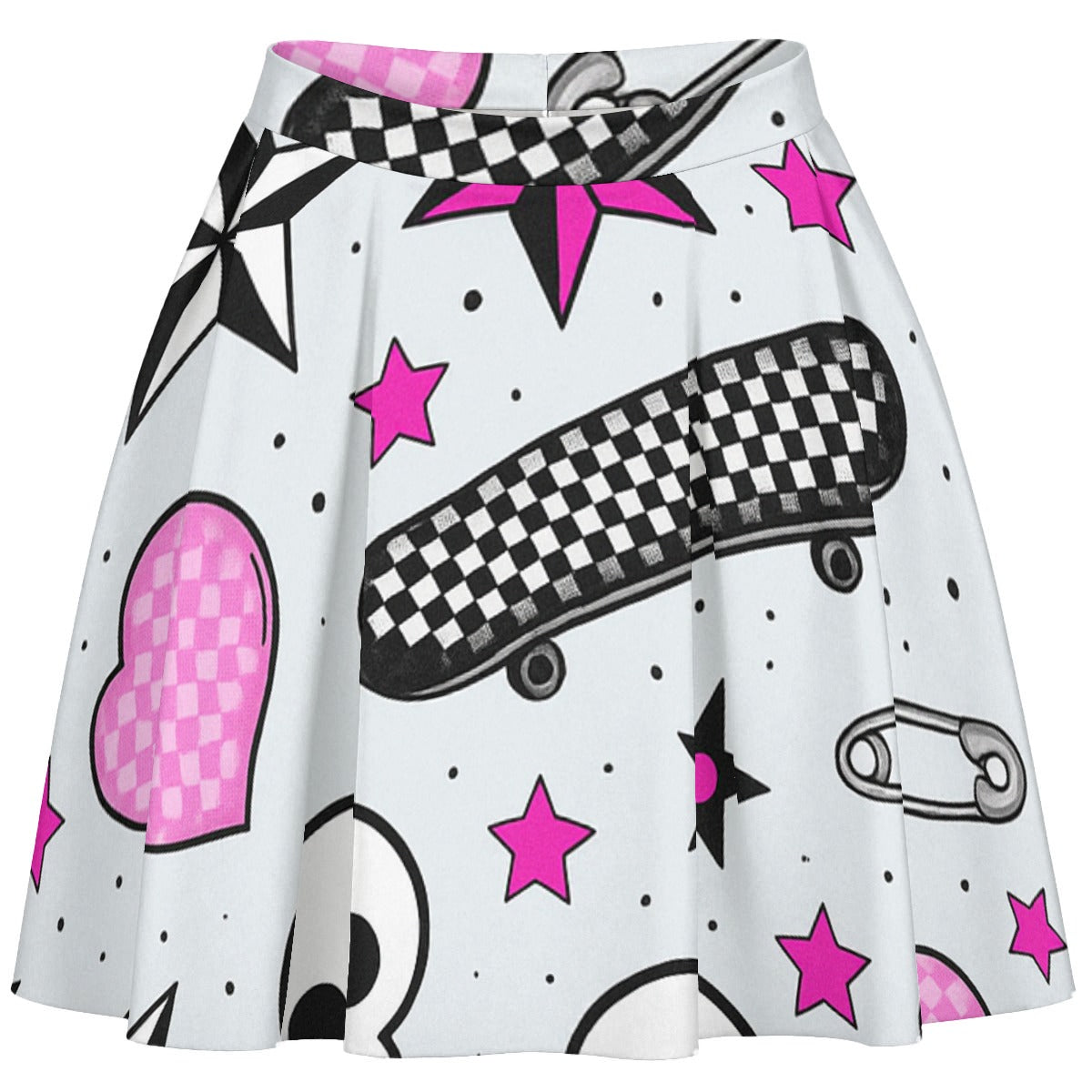 High-waisted skater skirt with pop-punk sticker-bomb print, checkerboard skateboard and hot pink stars on white, front view