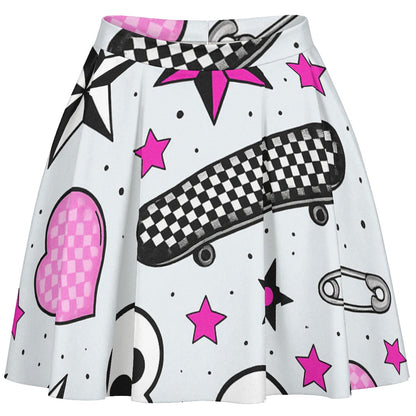 High-waisted skater skirt with pop-punk sticker-bomb print, checkerboard skateboard and hot pink stars on white, front view