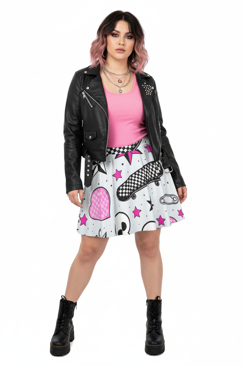 Sticker Riot Skater Skirt | High-Waisted Flared Mini Skirt (Skate + Checkers + Pink Stars + Safety Pin)