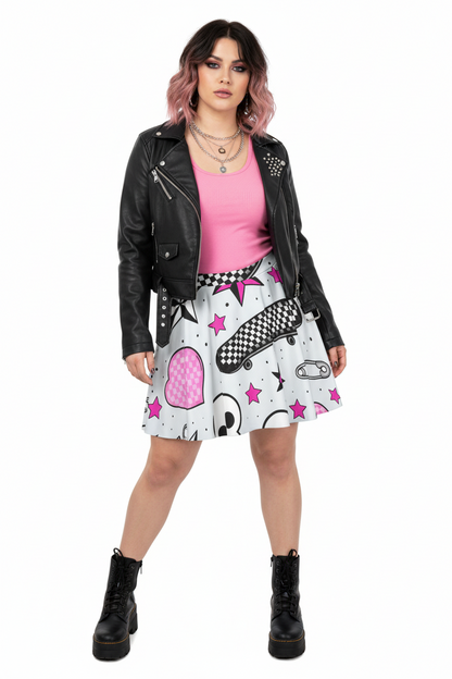 Sticker Riot Skater Skirt | High-Waisted Flared Mini Skirt (Skate + Checkers + Pink Stars + Safety Pin)