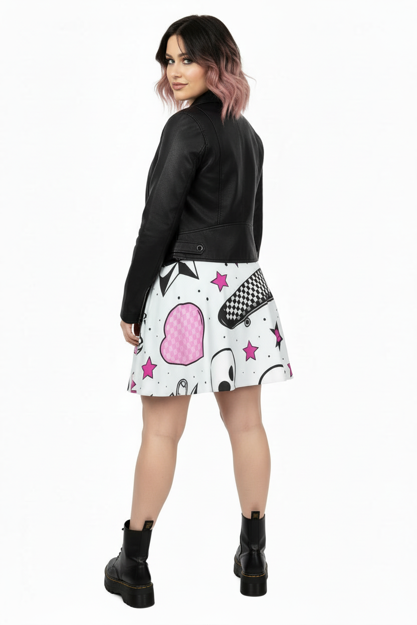 Sticker Riot Skater Skirt | High-Waisted Flared Mini Skirt (Skate + Checkers + Pink Stars + Safety Pin)