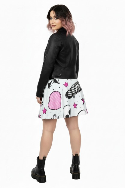Sticker Riot Skater Skirt | High-Waisted Flared Mini Skirt (Skate + Checkers + Pink Stars + Safety Pin)