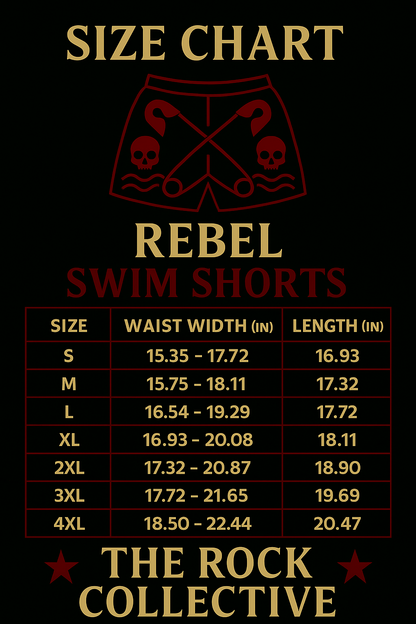 Size chart for Rebel swim shorts with measurements on a black background