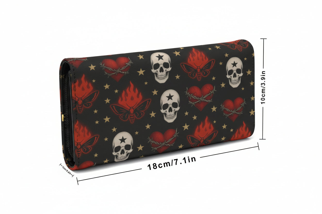 Skulls, cherries and flames clutch wallet with gold stars print, size shown 18cm by 10cm