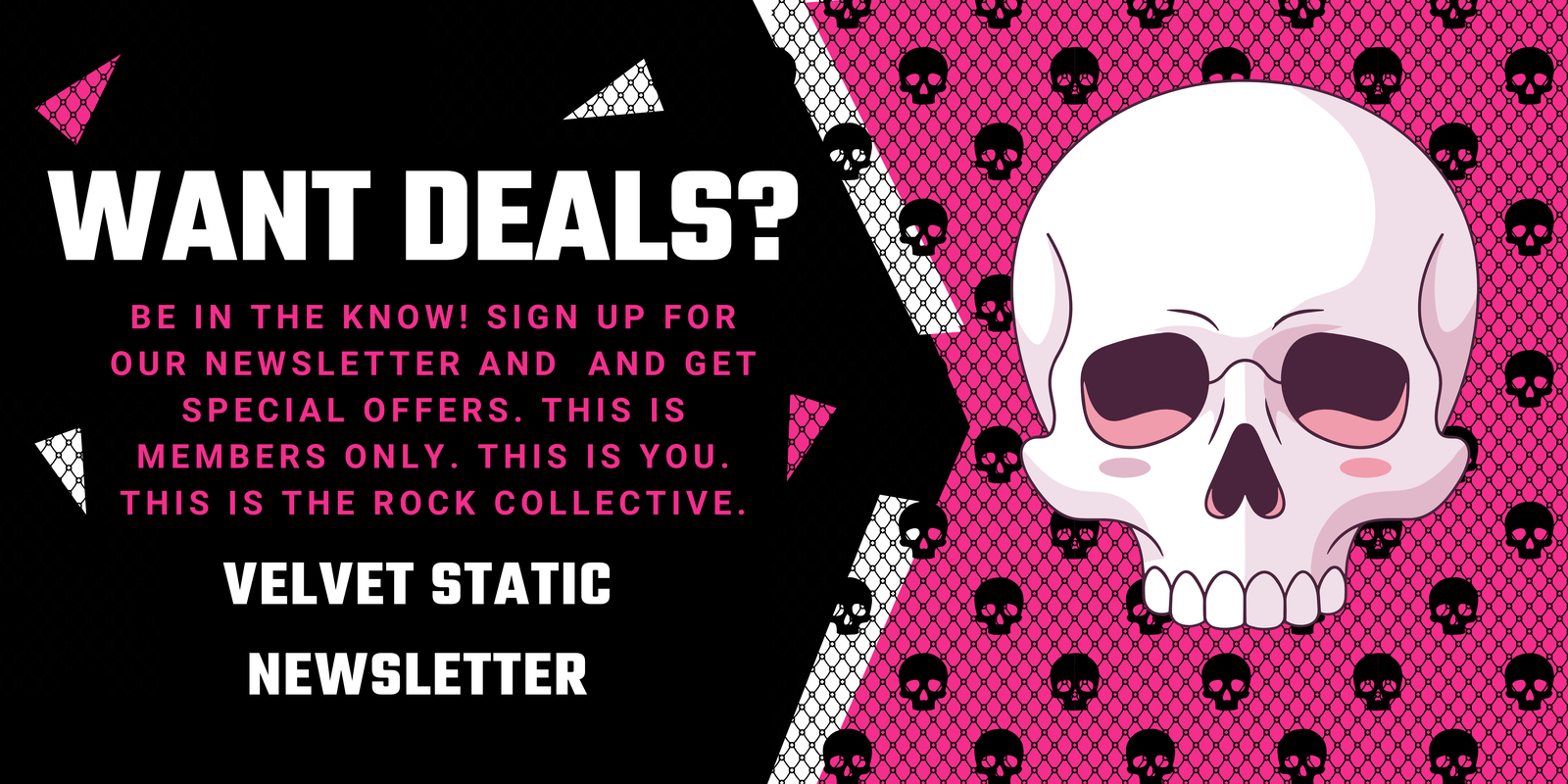 Promotional graphic with a skull design and text for a newsletter sign-up, featuring a pink and black color scheme.