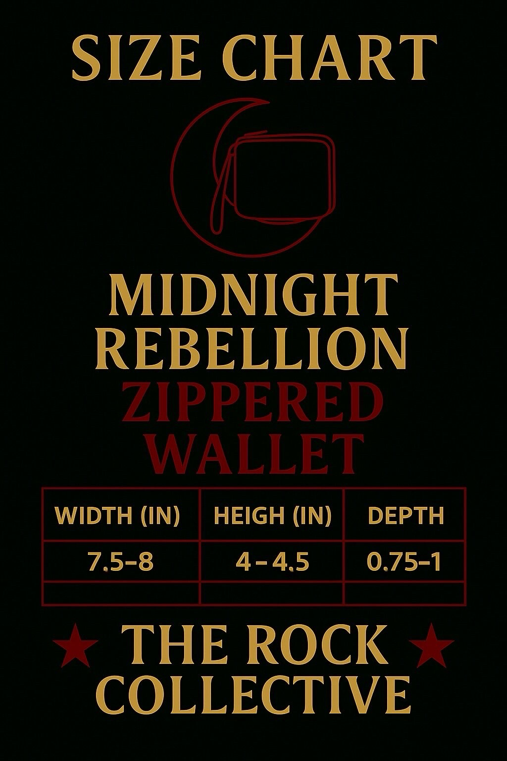 Size chart for Midnight Rebellion zipped wallet by The Rock Collective on a black background