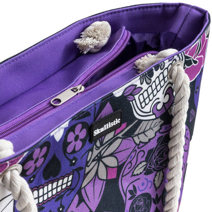 Bolso de playa con calavera de azúcar color lila