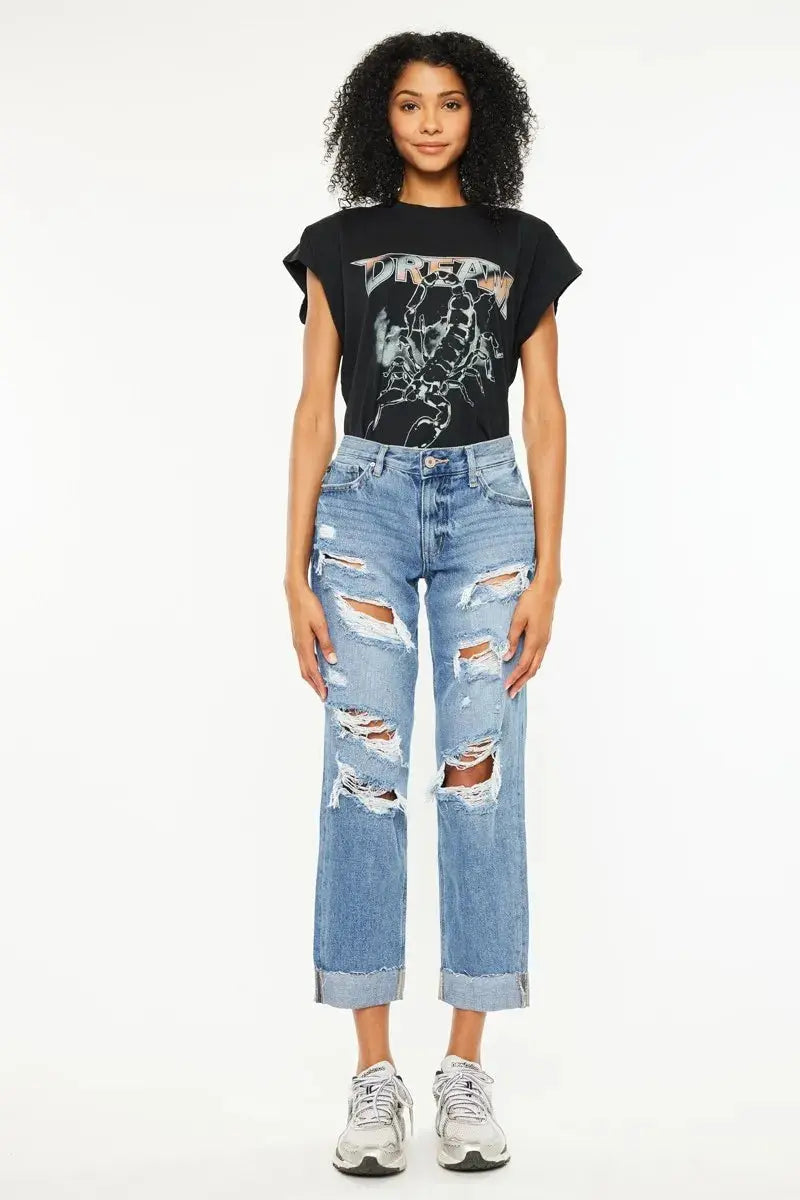 Mid Rise Distressed Kancan Boyfriend Jeans - Medium Wash