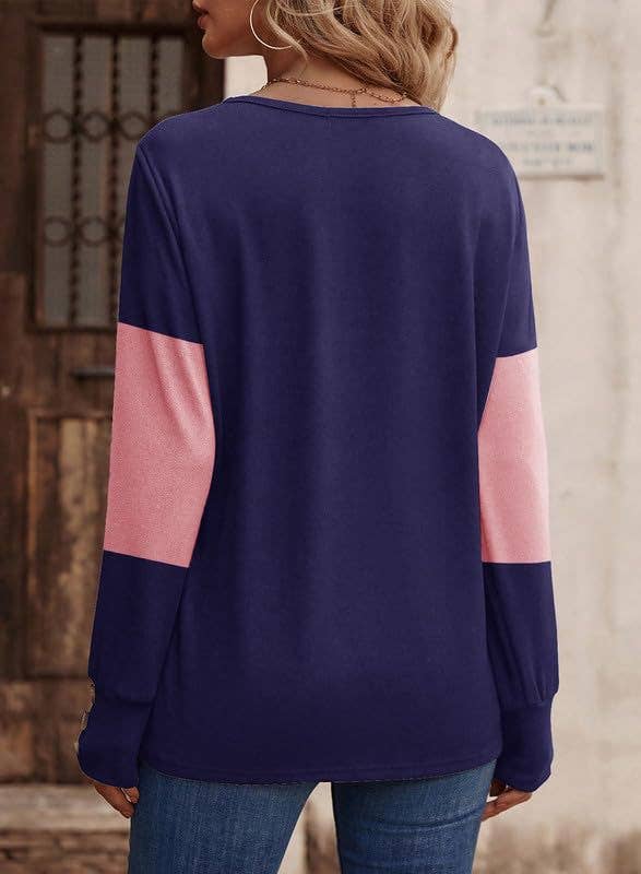 SPLICED BUTTON PULLOVER CASUAL V-NECK TOP