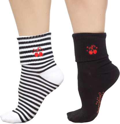 Sourpuss cherry socks set of two in gothic punk style
Gothic novelty socks with cherry print design
Alternative fashion crew socks with cherry motifs