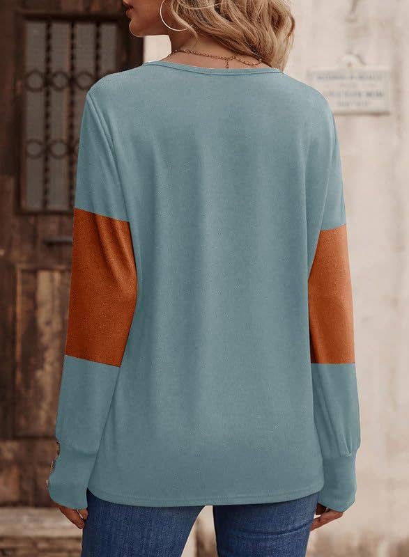 SPLICED BUTTON PULLOVER CASUAL V-NECK TOP
