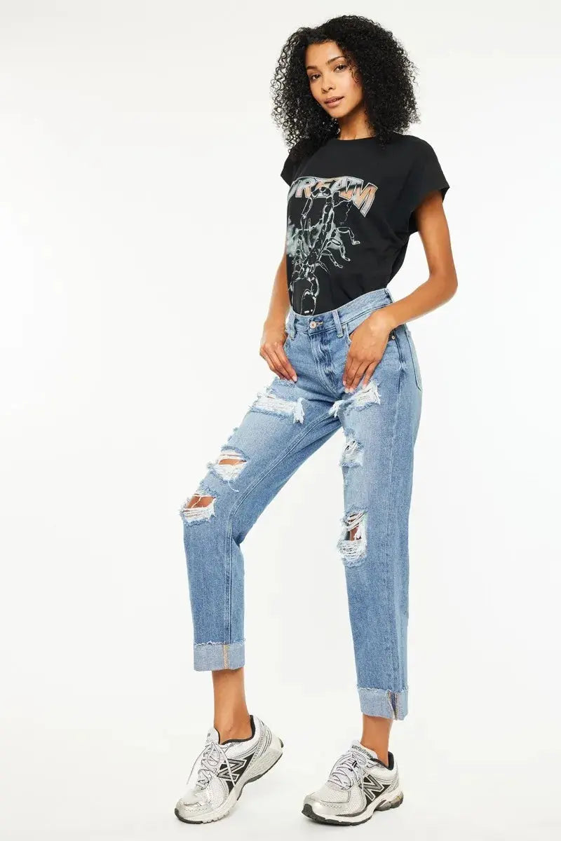 Mid Rise Distressed Kancan Boyfriend Jeans - Medium Wash