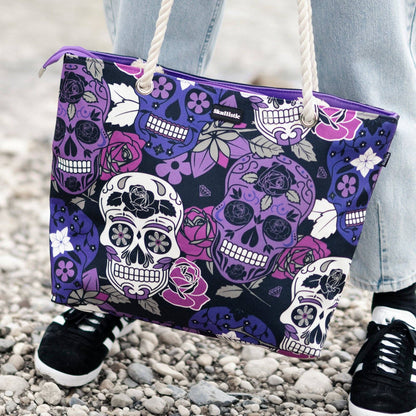 Bolso de playa con calavera de azúcar color lila