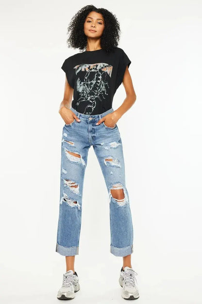 Mid Rise Distressed Kancan Boyfriend Jeans - Medium Wash
