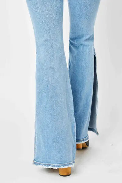 Full Size/Plus Size Mid Rise Raw Hem Slit Flare Judy Blue Jeans