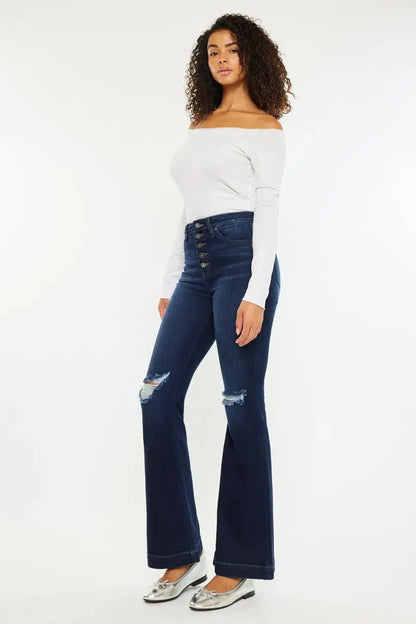 Button Fly High Rise Distressed Kancan Flare Jeans