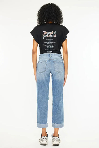 Mid Rise Distressed Kancan Boyfriend Jeans - Medium Wash