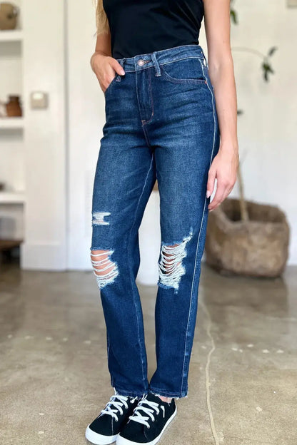 Full Size High Waist Rigid Magic Heavy Destroy Straight Judy Blue Jeans