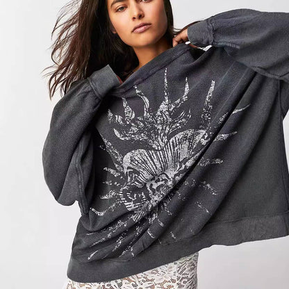 American retro printed loose round-neck hoodie