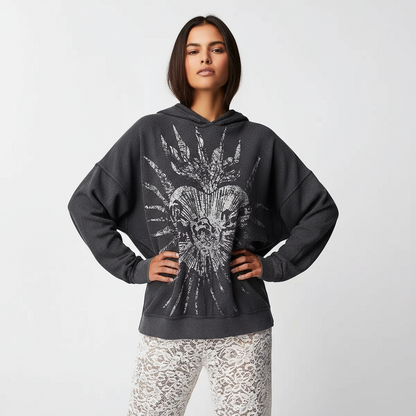 American retro printed loose round-neck hoodie