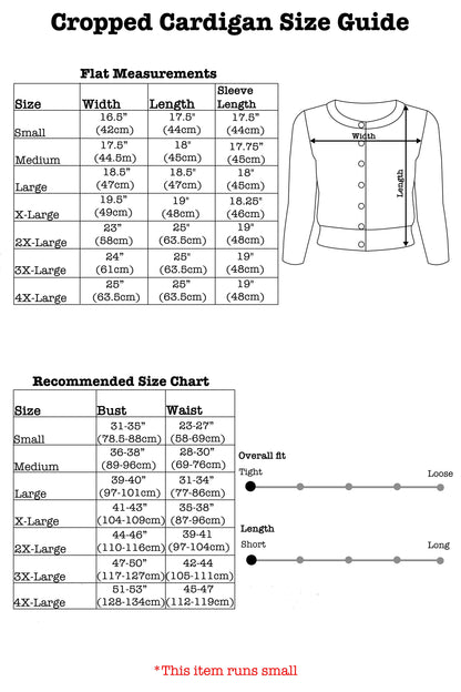 Cardigan size guide with measurements and illustrations on a white background