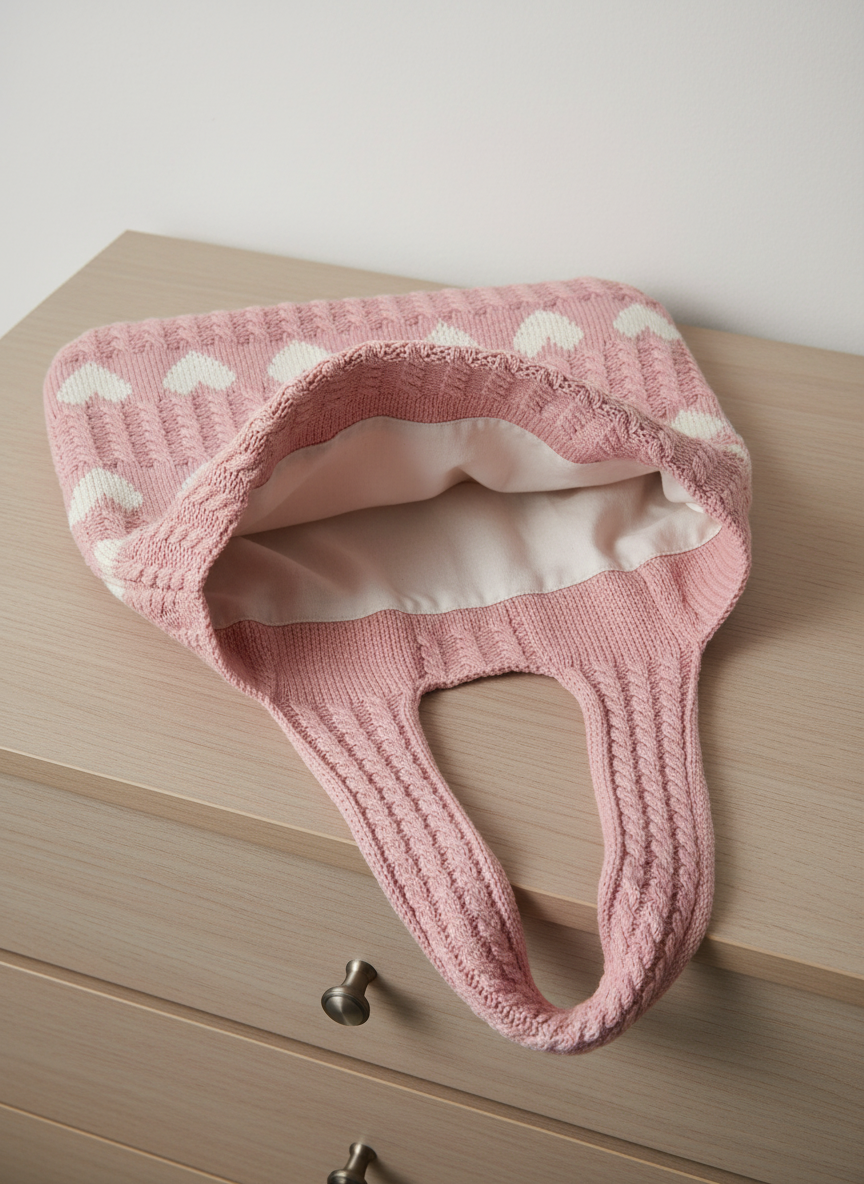 Pink knitted bag with white heart patterns on a light pink background