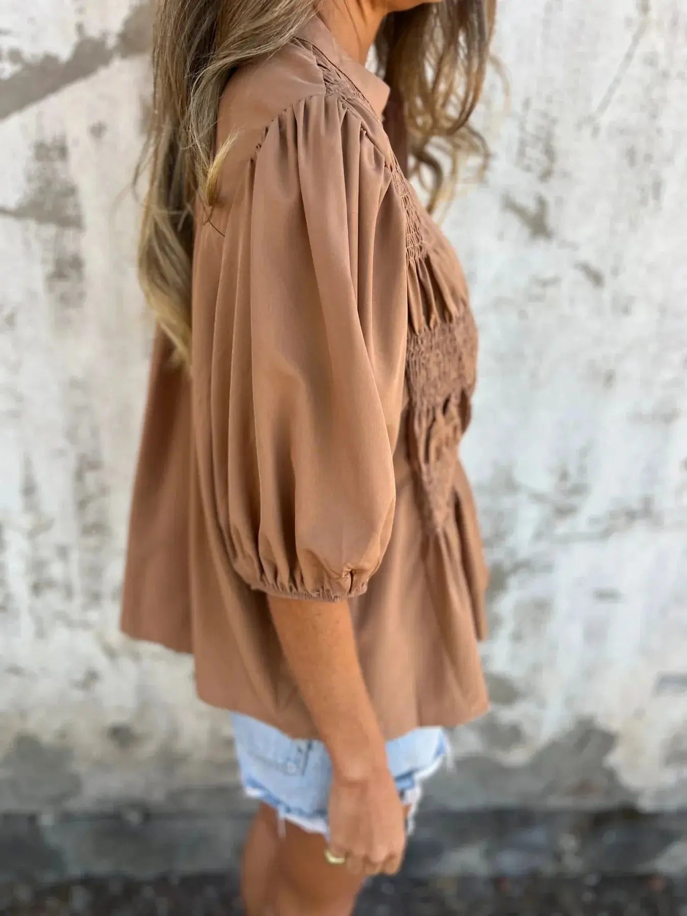 Full Size Red Smocked Button Puff Sleeve Blouse – Plus Size