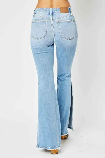Full Size/Plus Size Mid Rise Raw Hem Slit Flare Judy Blue Jeans