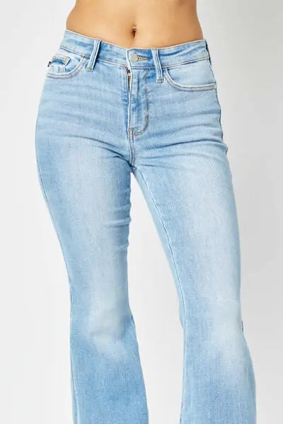 Full Size/Plus Size Mid Rise Raw Hem Slit Flare Judy Blue Jeans