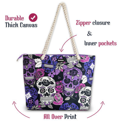 Bolso de playa con calavera de azúcar color lila