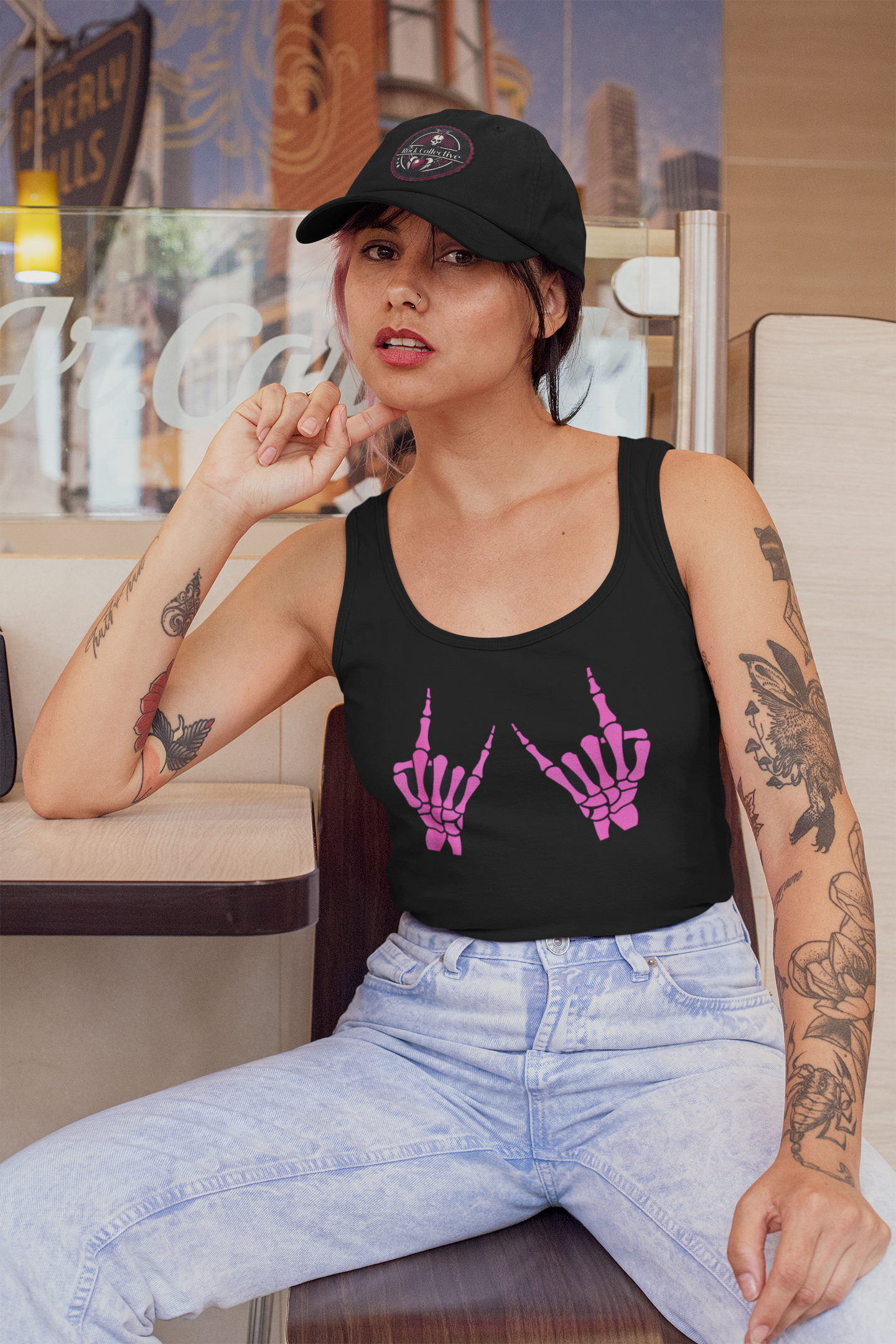 Rock n roll skeleton hand tank - alternative fashion featuring music-inspired design and inclusive sizing S-5XL